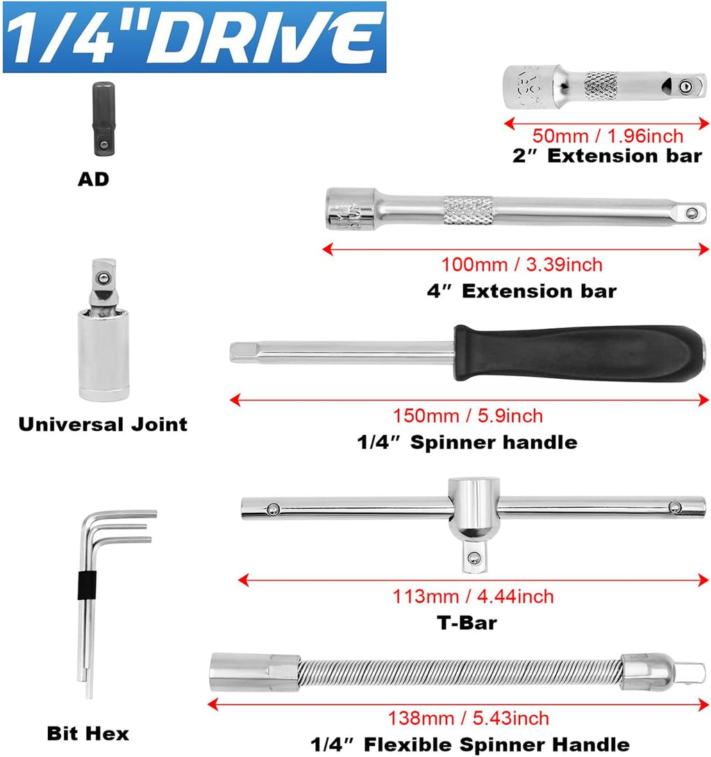 53 Pieces 1/4 inch Drive Socket Ratchet Wrench Set, with Bit Socket Set Metric and Extension Bar for Auto Repairing and Household, with Storage Case,with 72 Tooth Reversible Ratchets