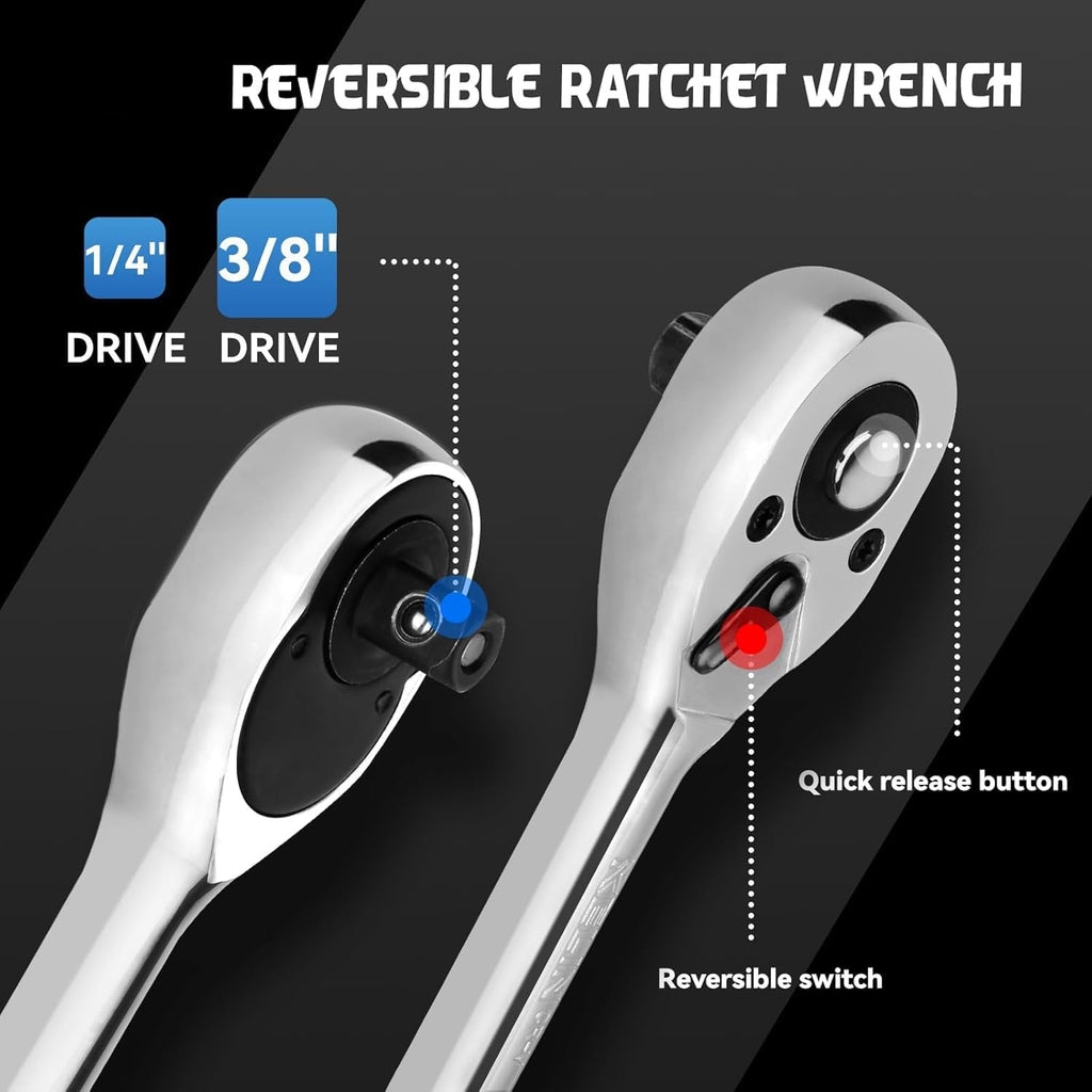 53 Pieces 1/4 inch Drive Socket Ratchet Wrench Set, with Bit Socket Set Metric and Extension Bar for Auto Repairing and Household, with Storage Case,with 72 Tooth Reversible Ratchets