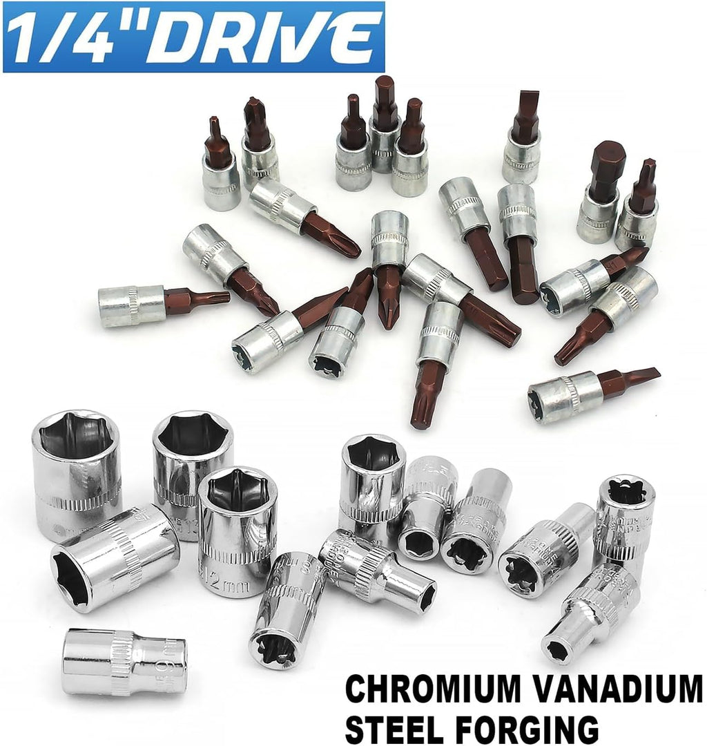 53 Pieces 1/4 inch Drive Socket Ratchet Wrench Set, with Bit Socket Set Metric and Extension Bar for Auto Repairing and Household, with Storage Case,with 72 Tooth Reversible Ratchets