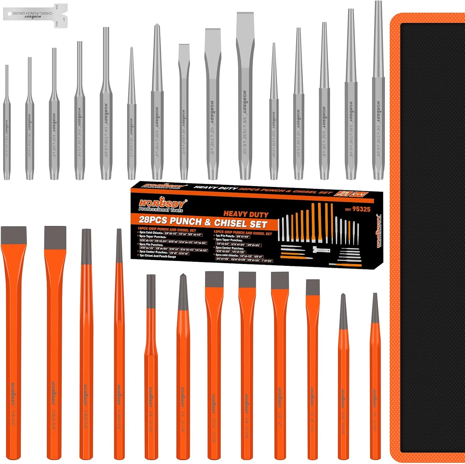 HORUSDY 16-Piece Punch and Chisel Set, Including Taper Punch, Cold Chisels, Pin Punch, Center Punch
