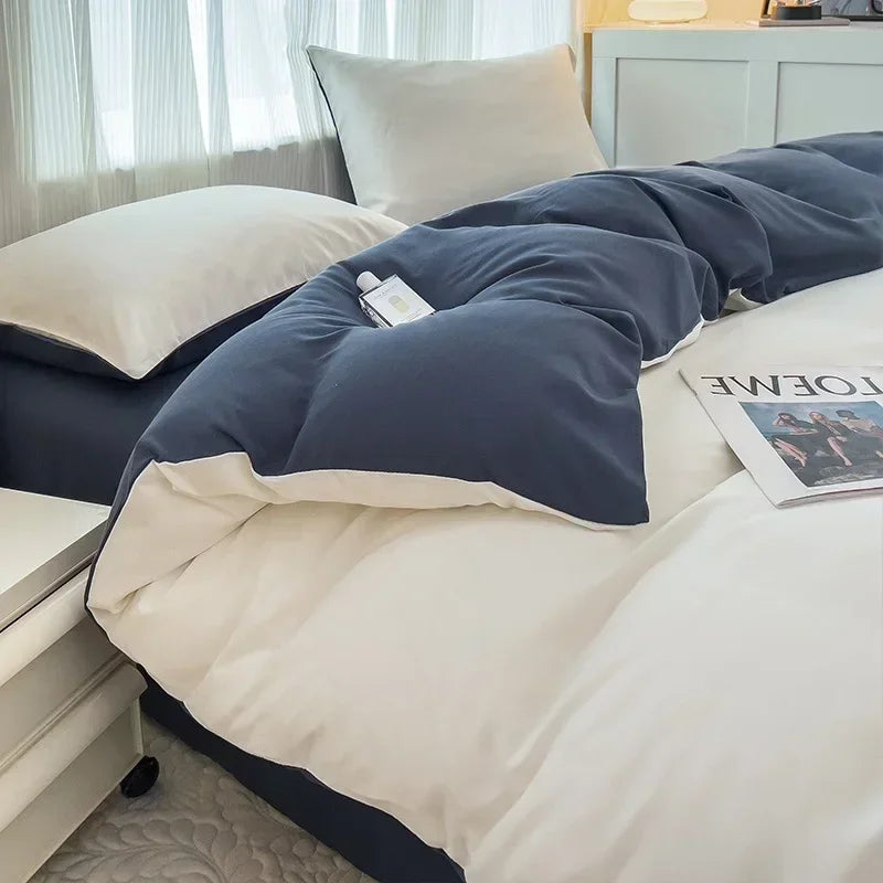 2-side Solid Color Brush Fabric Bed Set 4 Pieces Duvet Cover Pillowcase Bedding Set Bed Sheet Quilt Cover Single Queen King Size