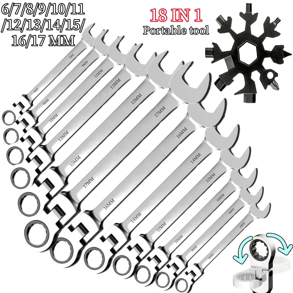 Flexible Ratcheting Combination Wrench Set,6-17mm Metric Key Wrench Ratchet Spanner Metric Hand Tool Sets,Car Repair Tools